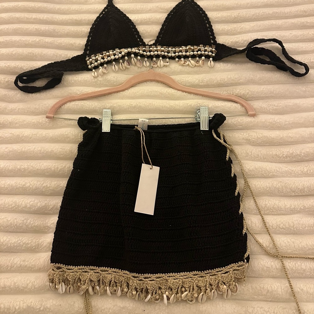 Black Crochet Swim Coverup Set with Shell Trim